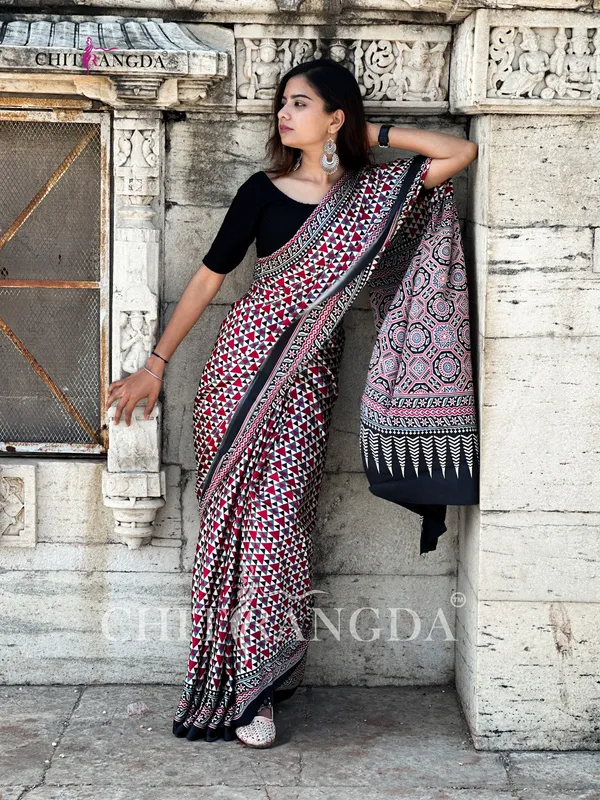 Black_And_Red_Trending_Ajrakh_Print_Semi_Modal_Silk_Saree_682007